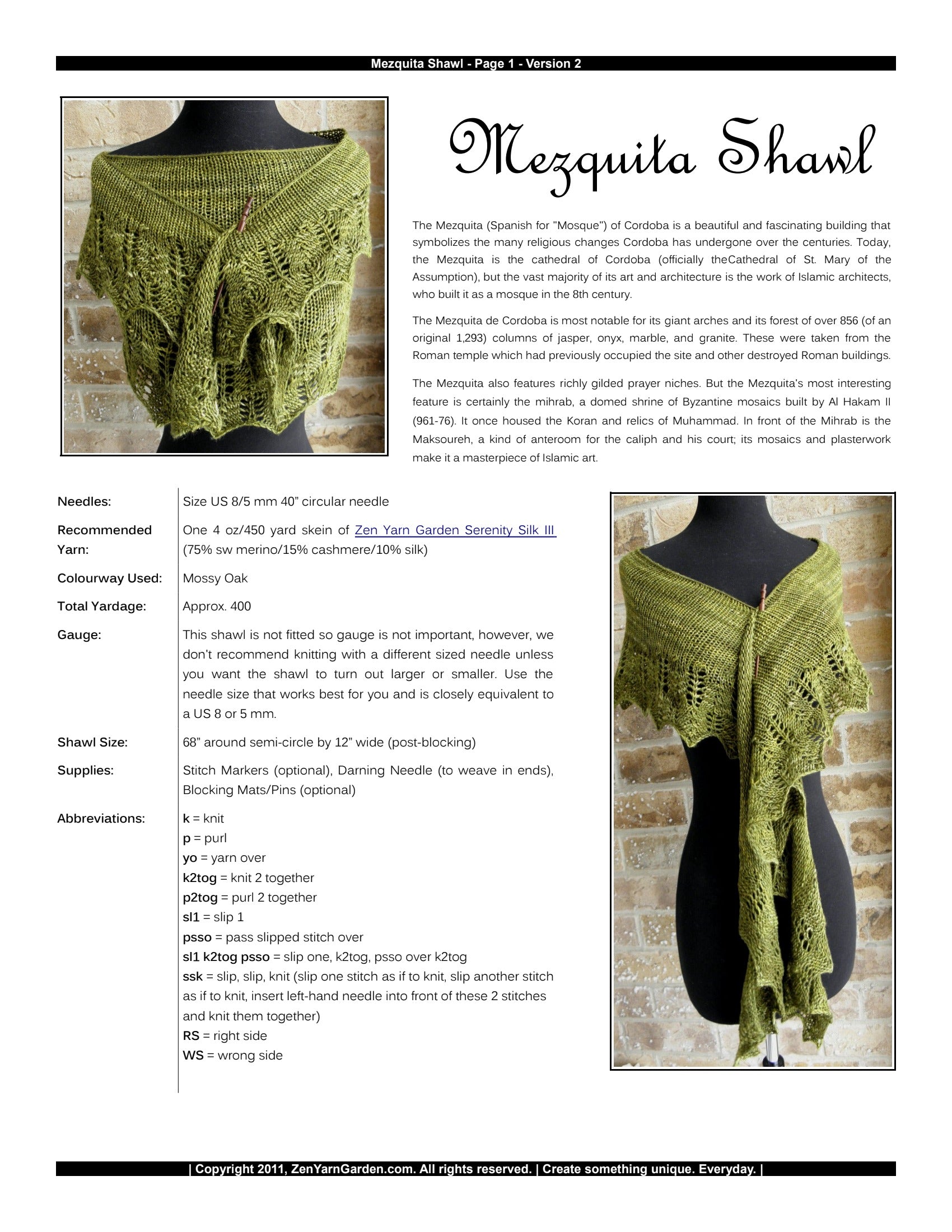 Zen Yarn Garden Mezquita Shawl Wrap Knitting Pattern