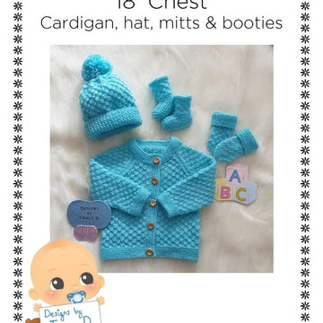 Ceri Unisex baby knitting pattern cardigan, hat, mitts and booties 0-6mths 18" chest