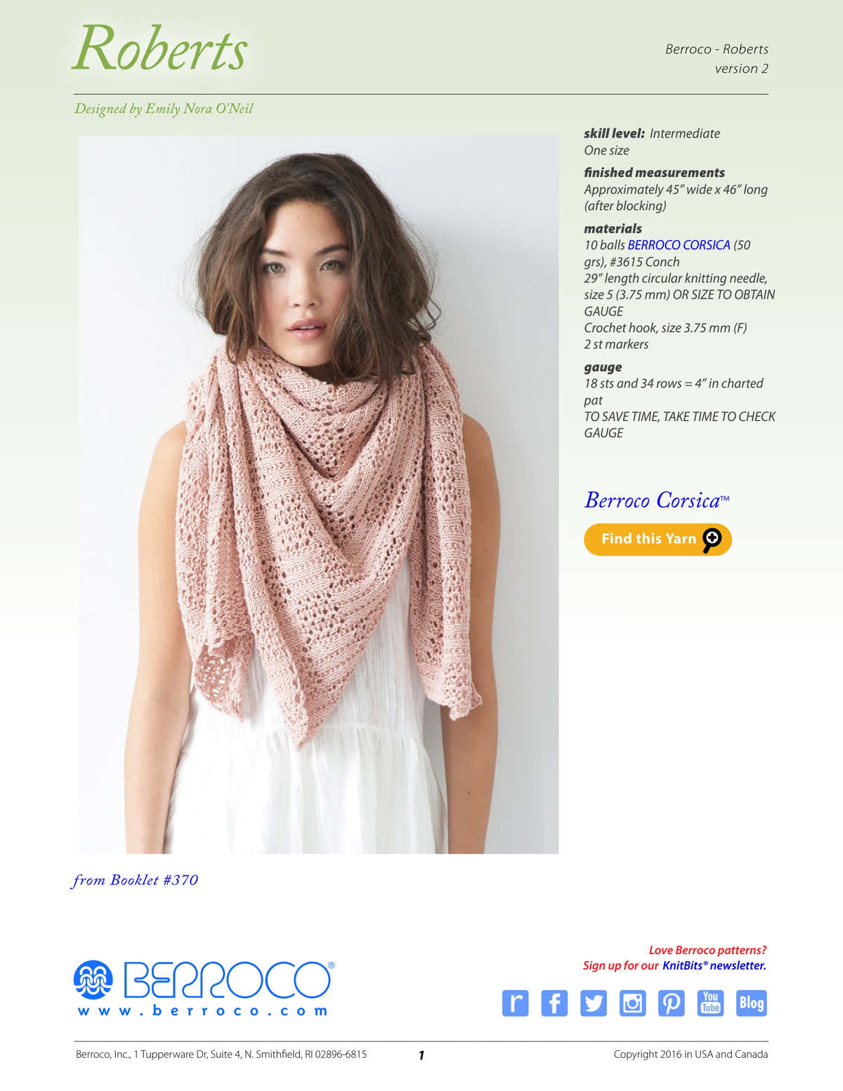Berroco Roberts Wrap Knitting Pattern