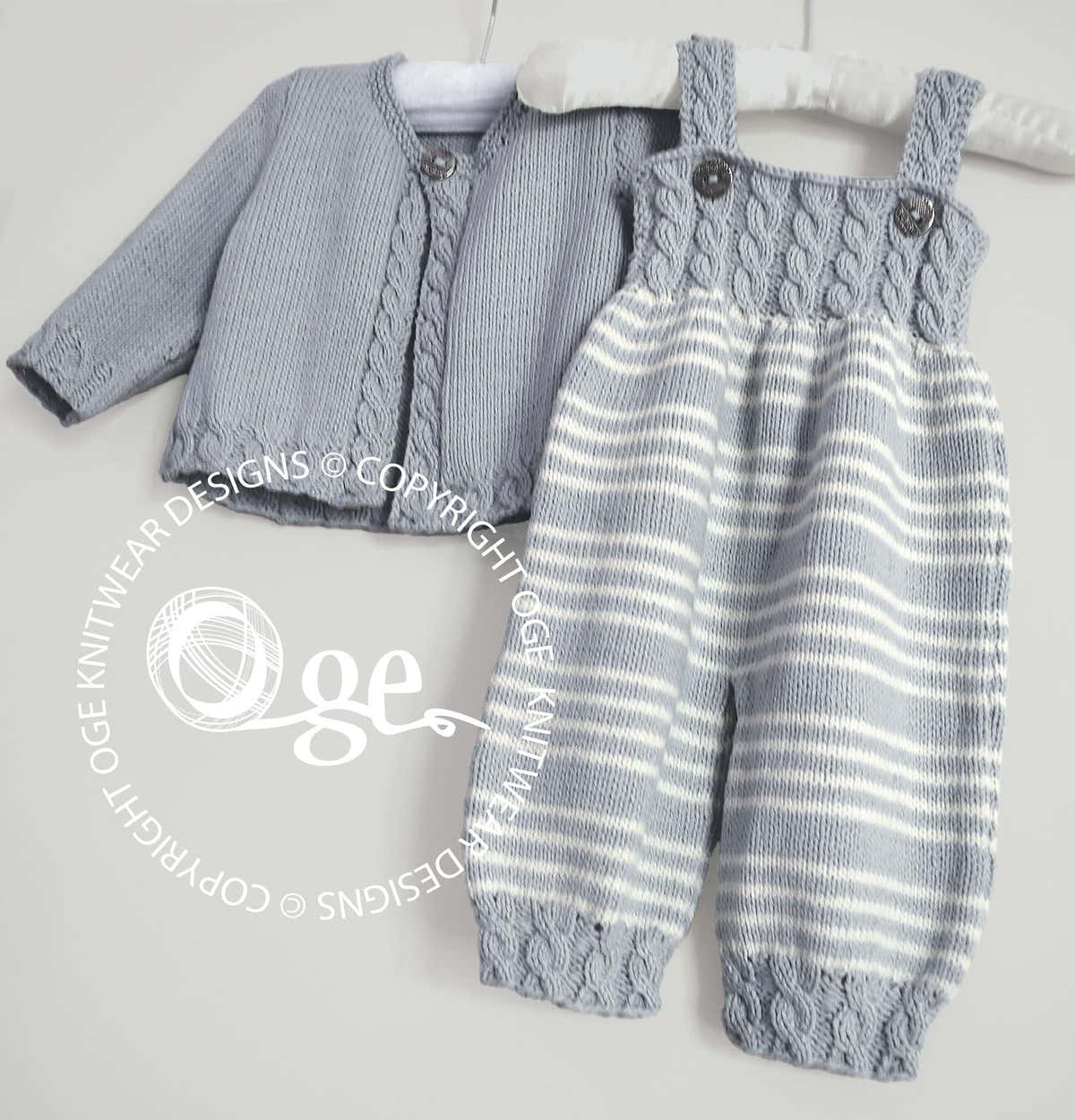 Baby Overalls with detailed cabled bodice and matching sweater - P037