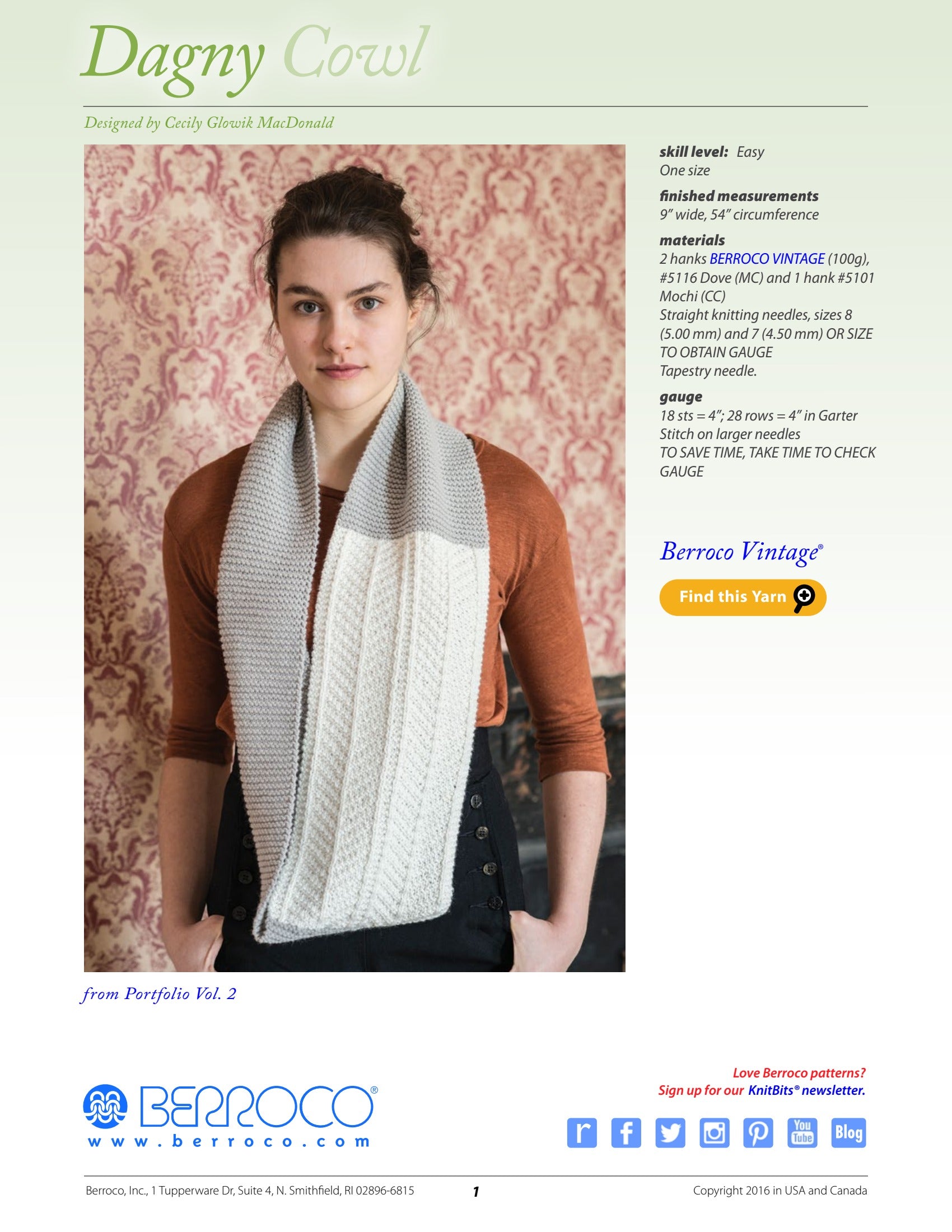 Berroco Dagny Cowl- Portfolio Knitting Pattern