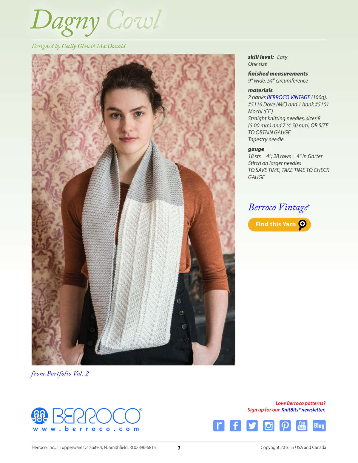 Berroco Dagny Cowl- Portfolio Knitting Pattern