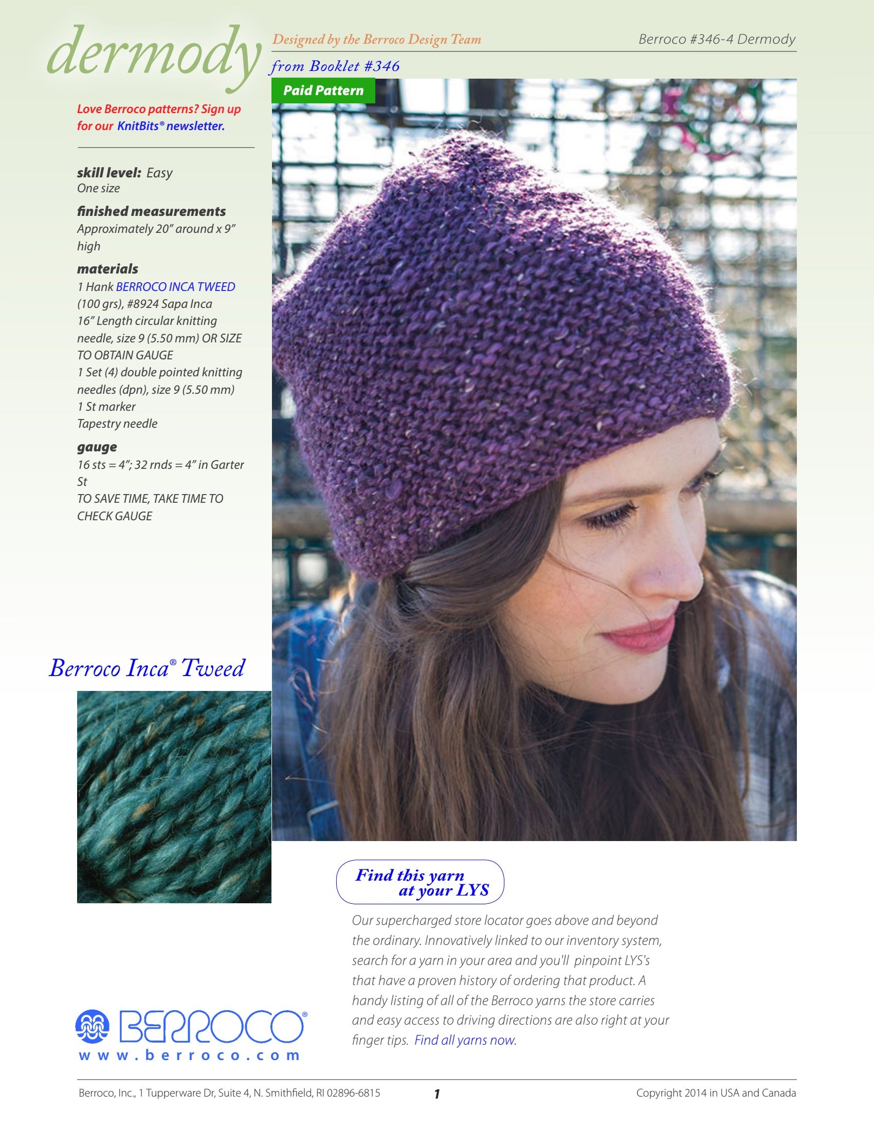 Berroco Dermody Hat Knitting Pattern