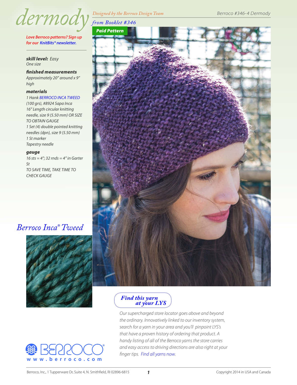Berroco Dermody Hat Knitting Pattern