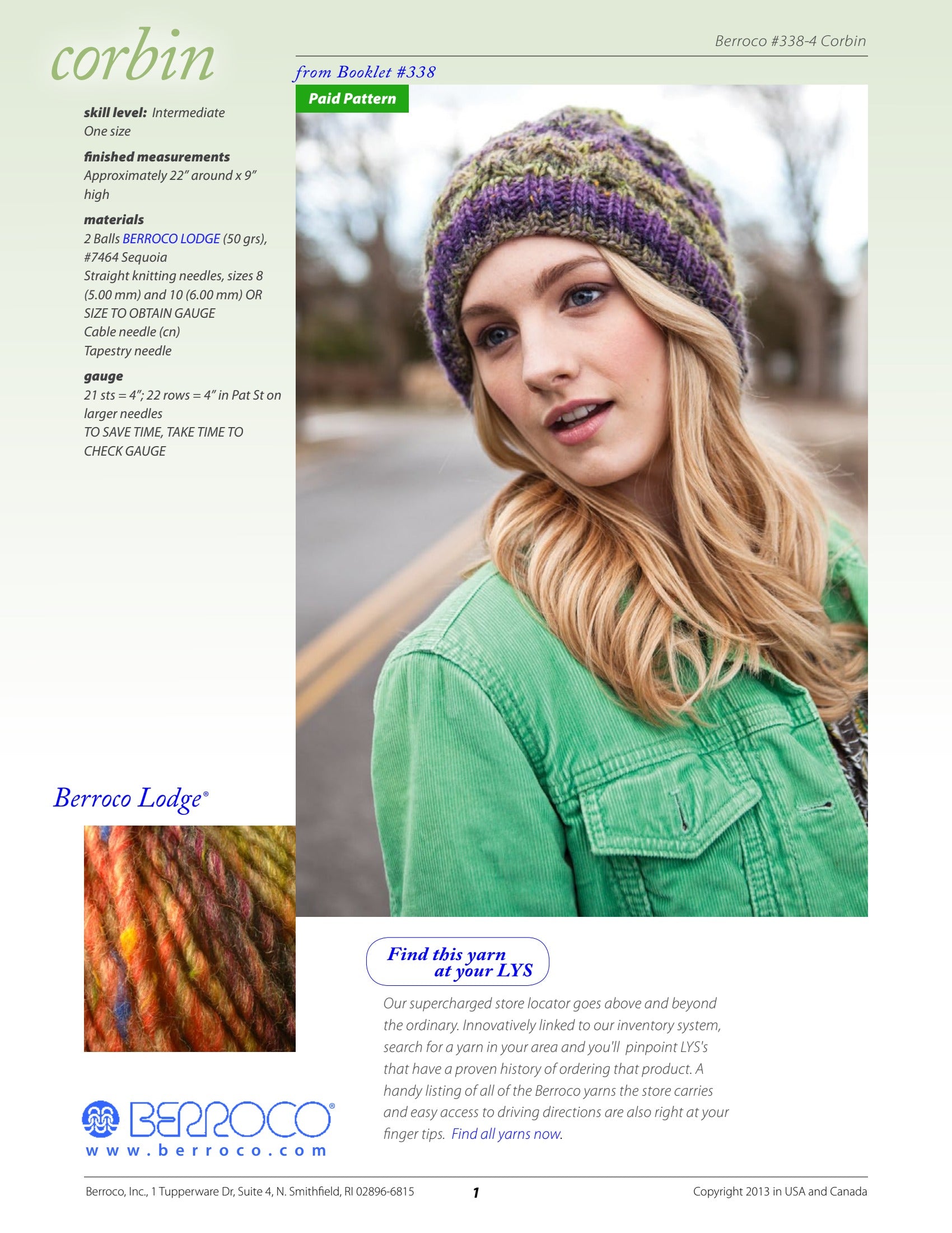 Berroco Corbin Hat Knitting Pattern