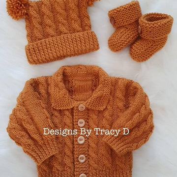 Brooklyn baby knitting pattern cardigan, hats and booties 0-3 mths & 6-12m