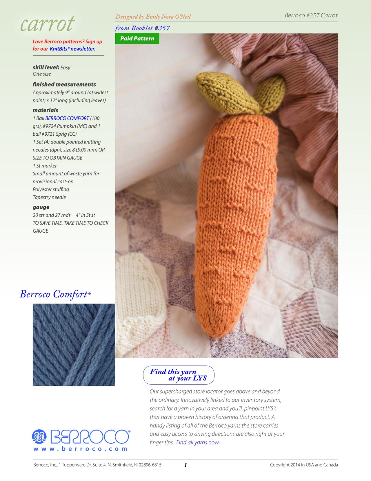 Berroco Carrot Toy Knitting Pattern