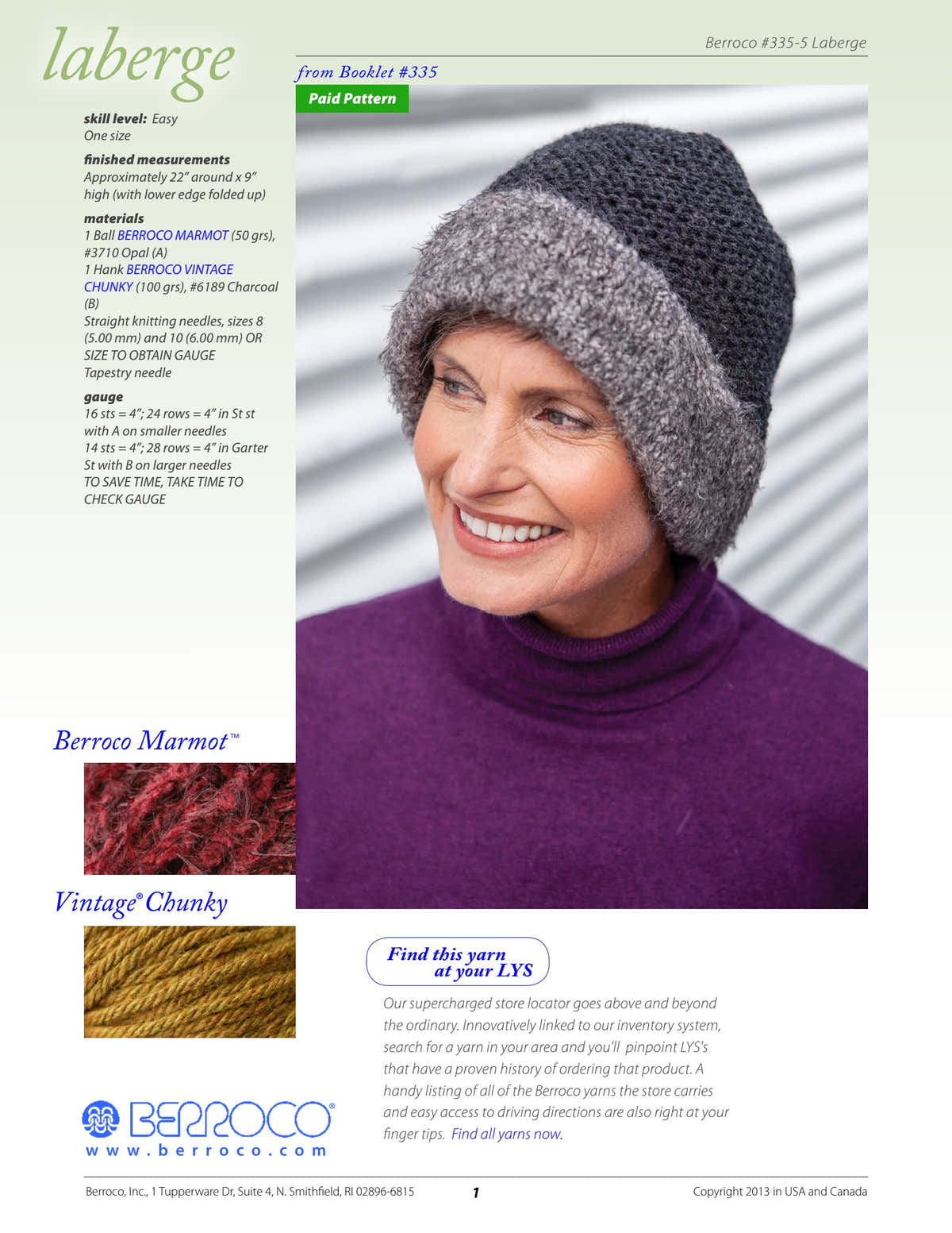 Berroco Laberge Hat Knitting Pattern