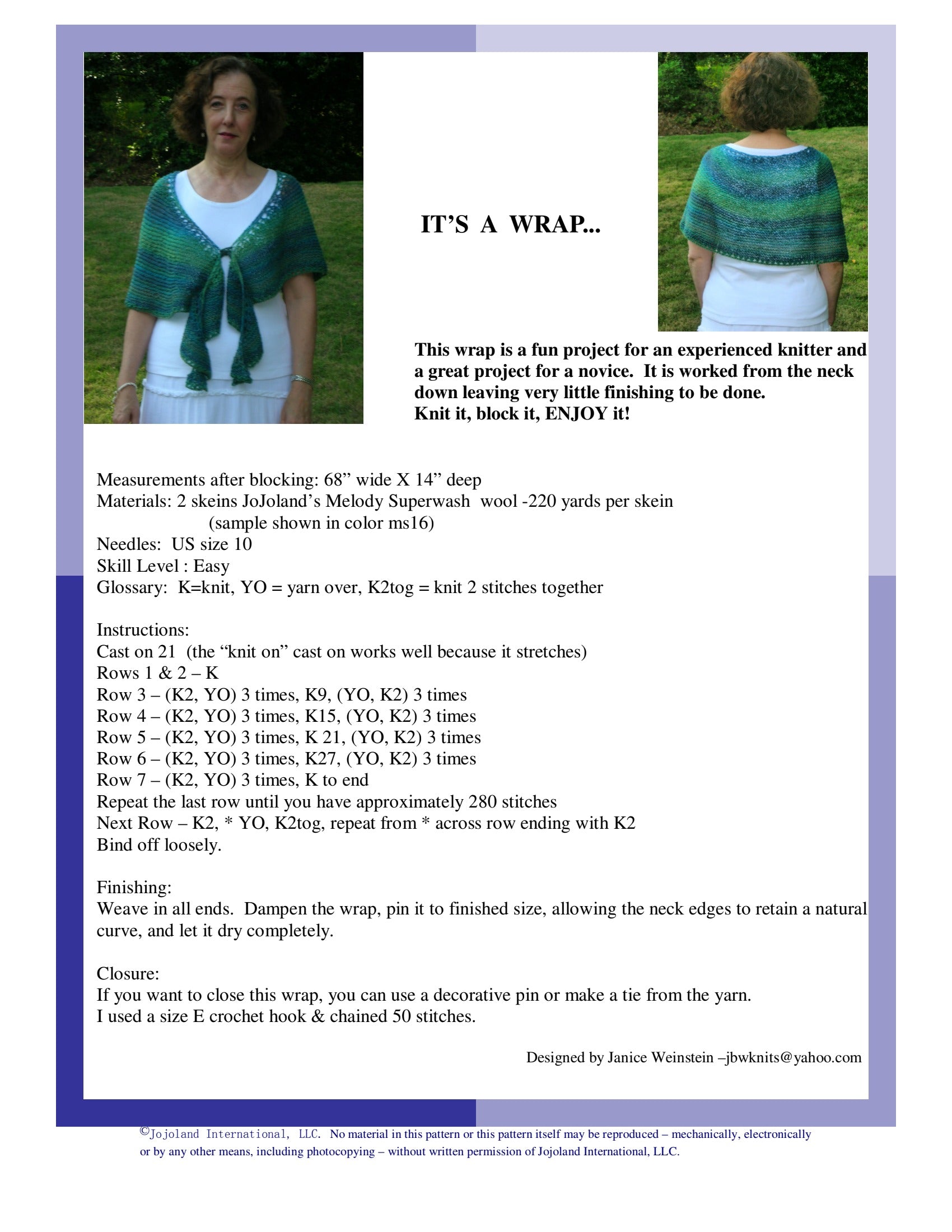 Jojoland It's A Wrap Knitting Pattern