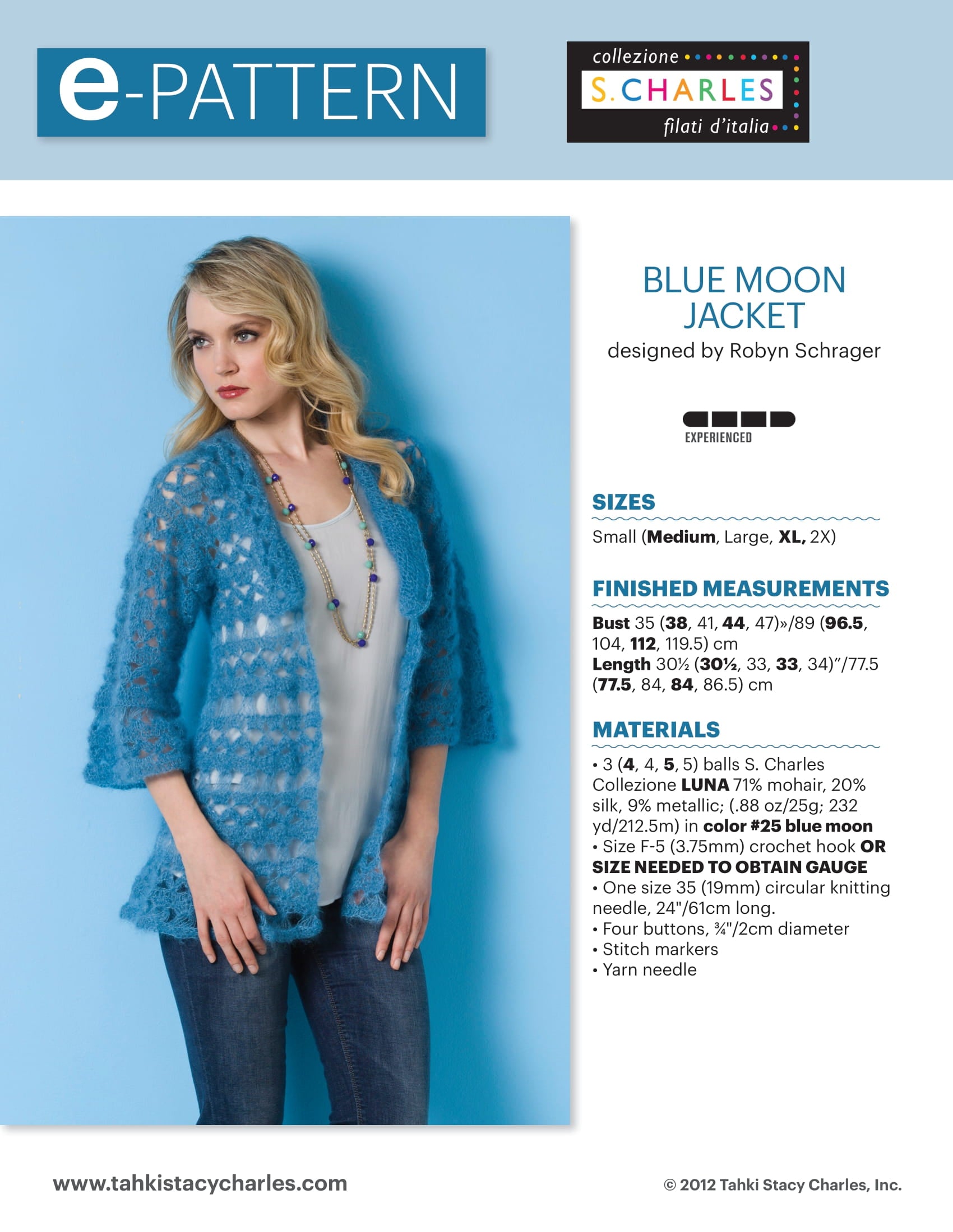 Stacy Charles Fine Yarns Blue Moon Jacket Crochet Pattern