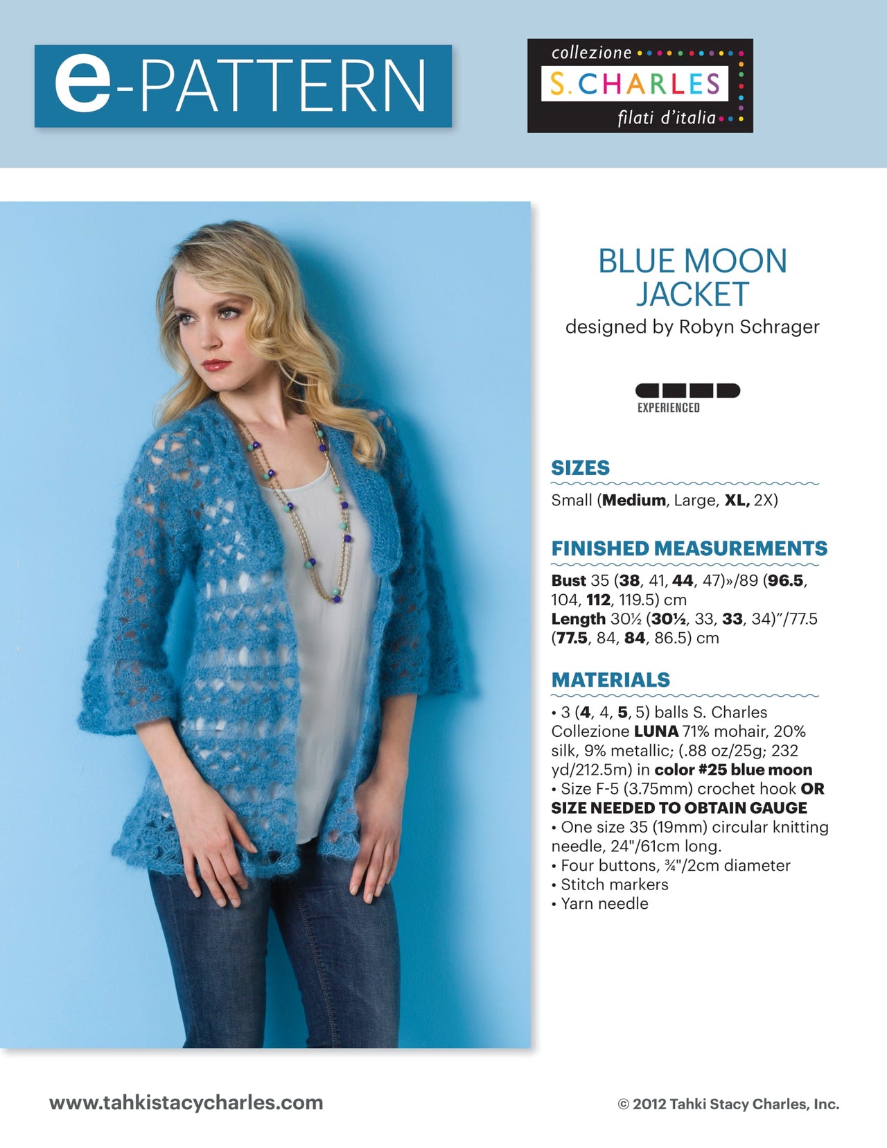 Stacy Charles Fine Yarns Blue Moon Jacket Crochet Pattern