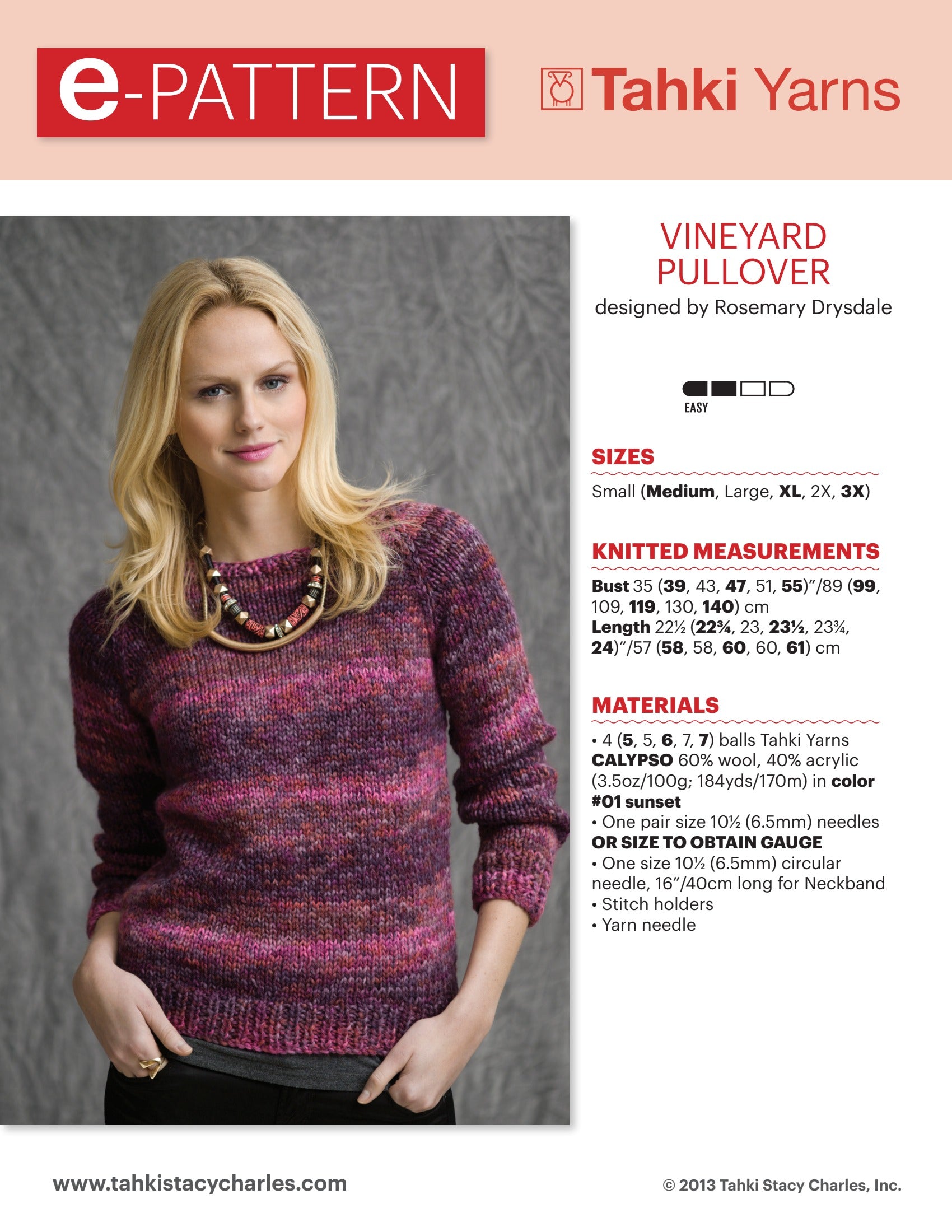 Tahki Yarns Vineyard Pullover Knitting Pattern