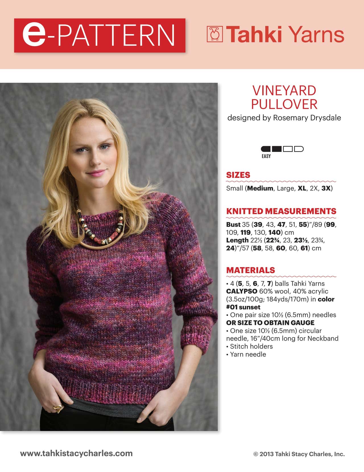 Tahki Yarns Vineyard Pullover Knitting Pattern