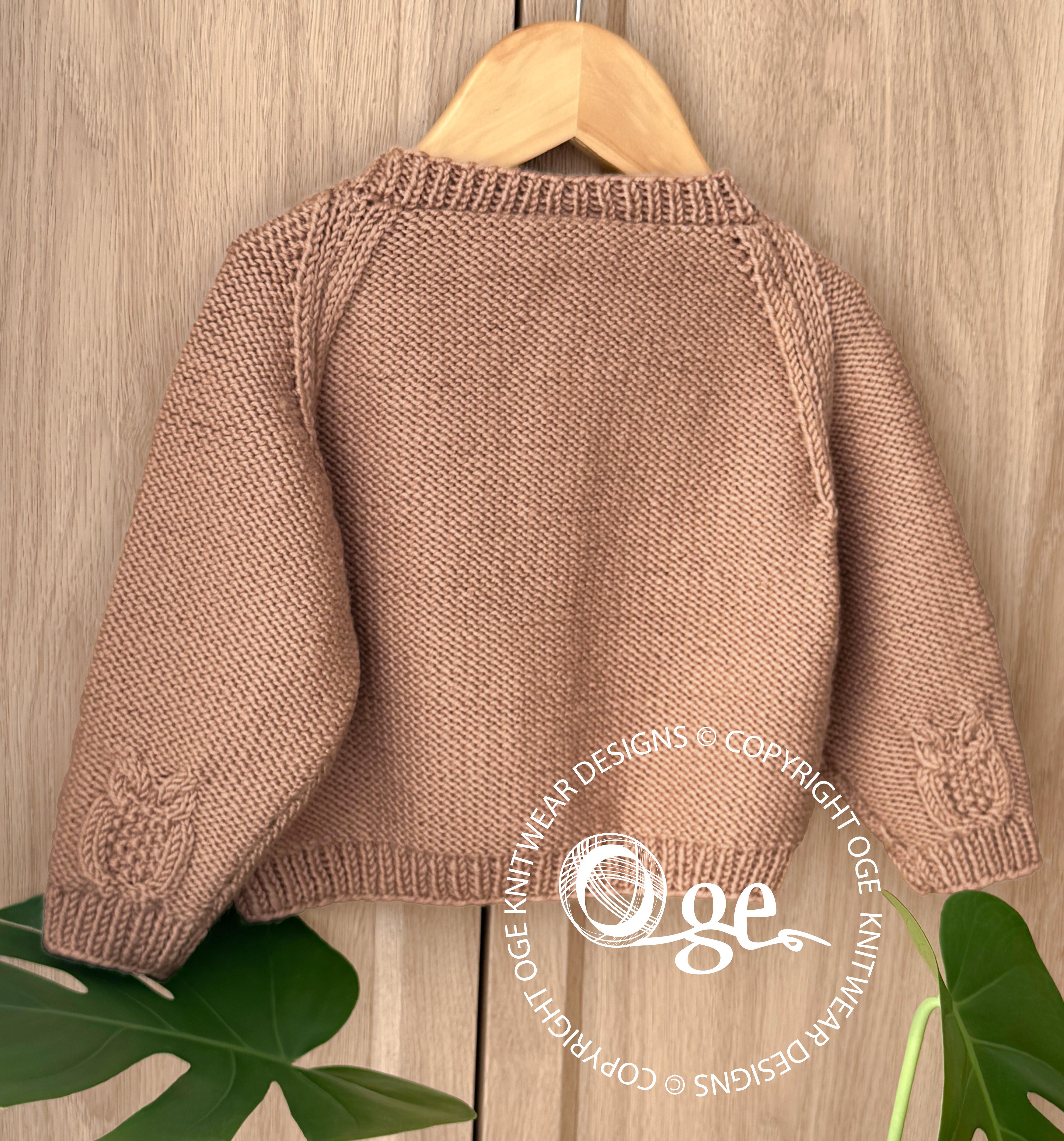 Round neck raglan sleeve cardi with cabled owls - P079