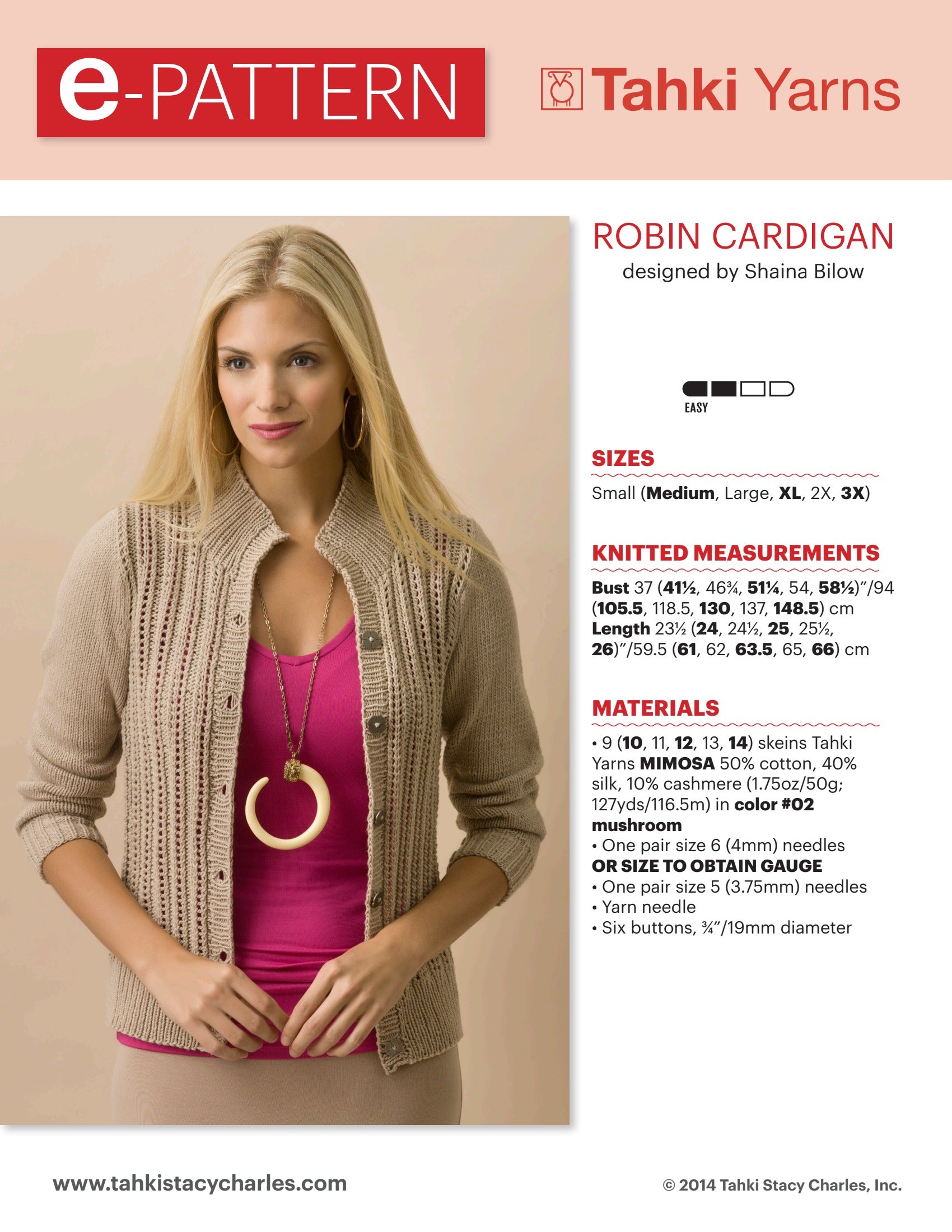 Tahki Yarns Robin Cardigan Knitting Pattern
