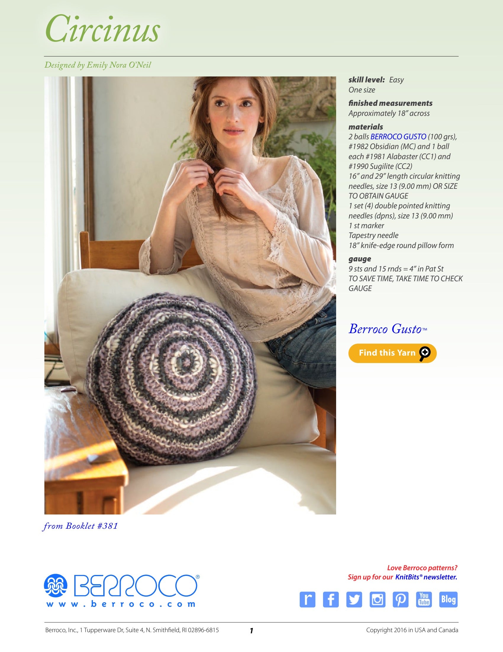 Berroco Circinus Homeware Knitting Pattern