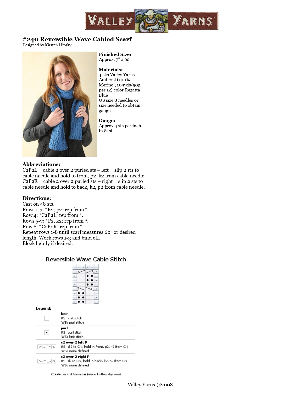 Valley Yarns Reversible Wave Cabled Scarf Knitting Pattern