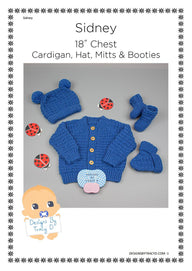 Sidney unisex baby knitting pattern cardigan, hat, mitts and booties 0-6mths