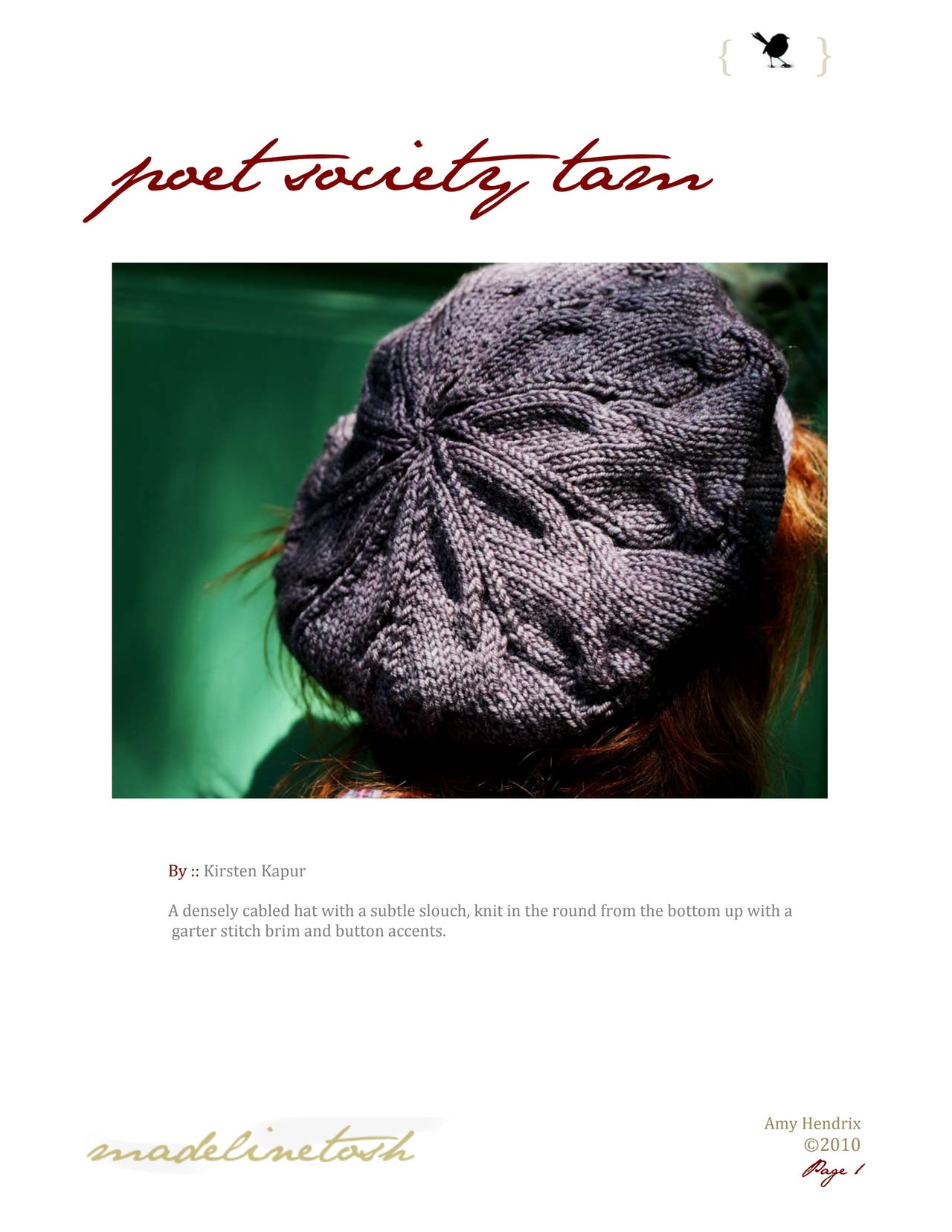Madelinetosh Poet Society Tam Hat Knitting Pattern