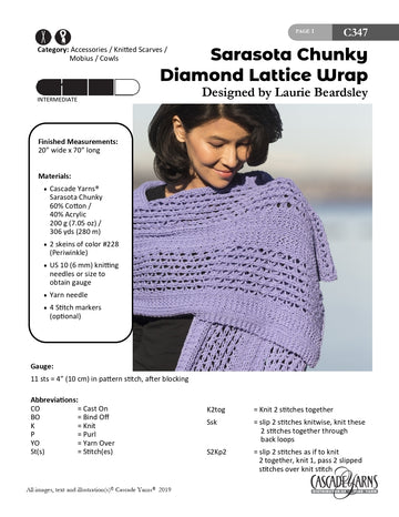 Diamond Lattice Wrap in Cascade Yarns Sarasota Chunky - C347 - Free PDF