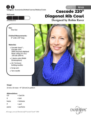 Diagonal Rib Cowl in Cascade Yarns 220 Superwash® - W818 - Free PDF