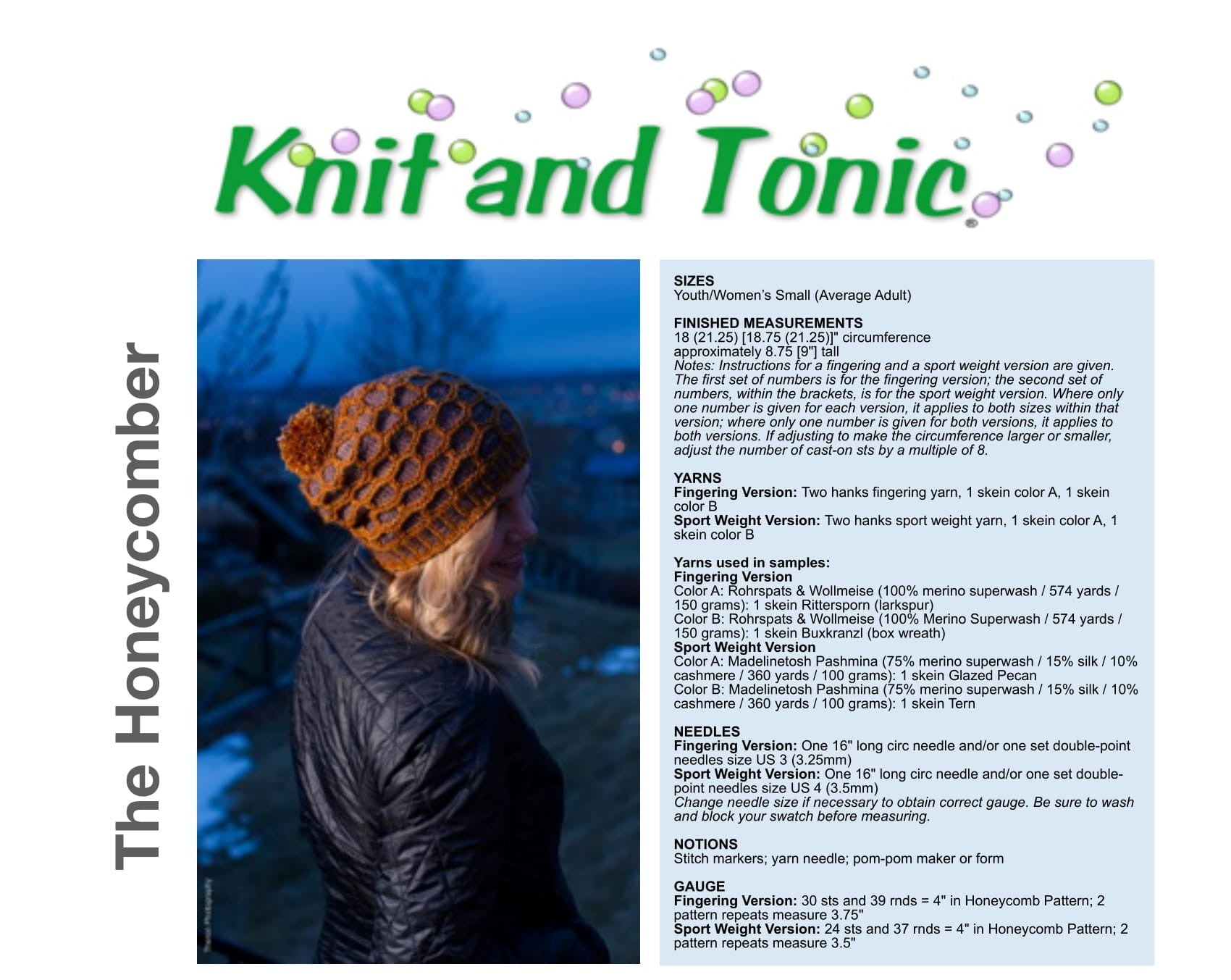 Knit and Tonic The Honeycomber Hat Knitting Pattern
