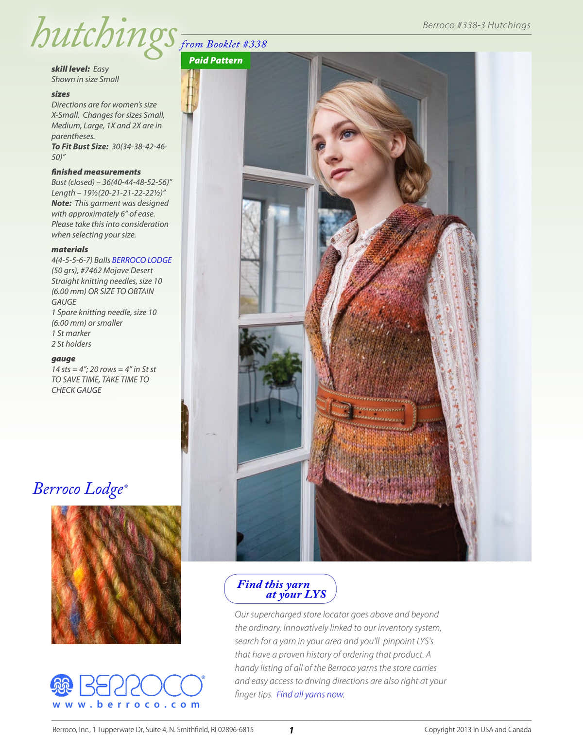 Berroco Hutchings Vest Knitting Pattern