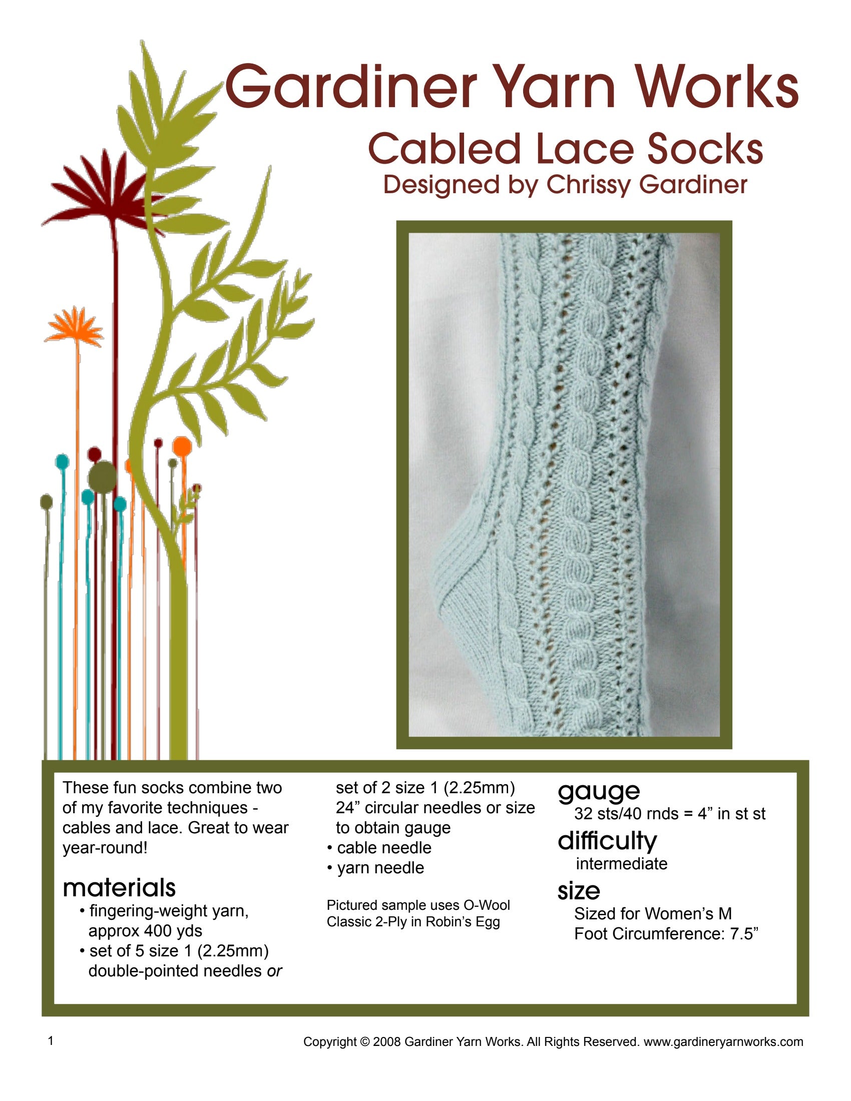 Gardiner Yarn Works Cabled Lace Socks Knitting Pattern