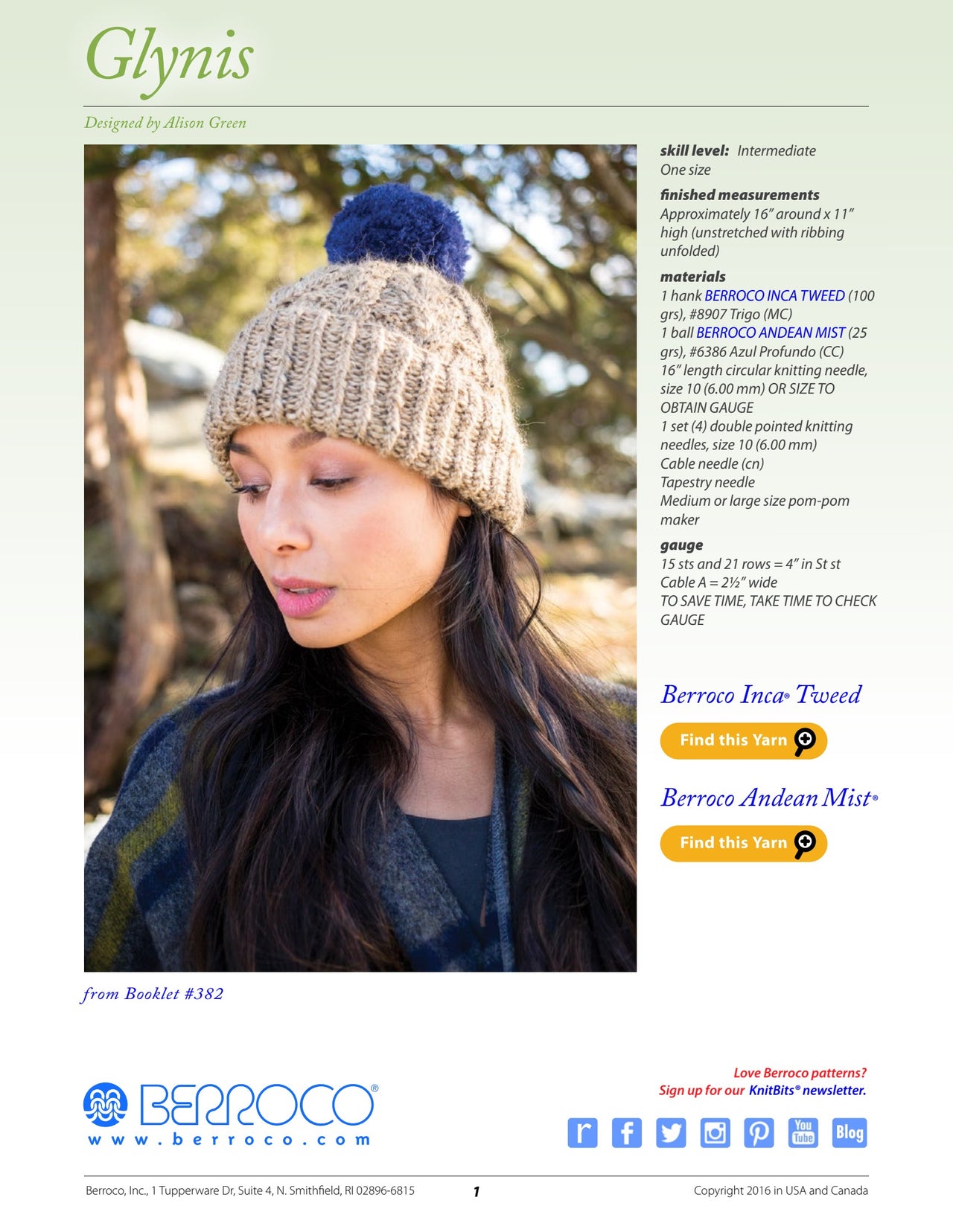 Berroco Glynis Hat Knitting Pattern
