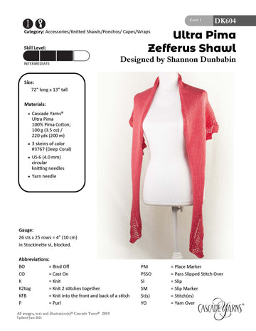Cascade Yarns DK Zefferus Shawl Wrap Knitting Pattern