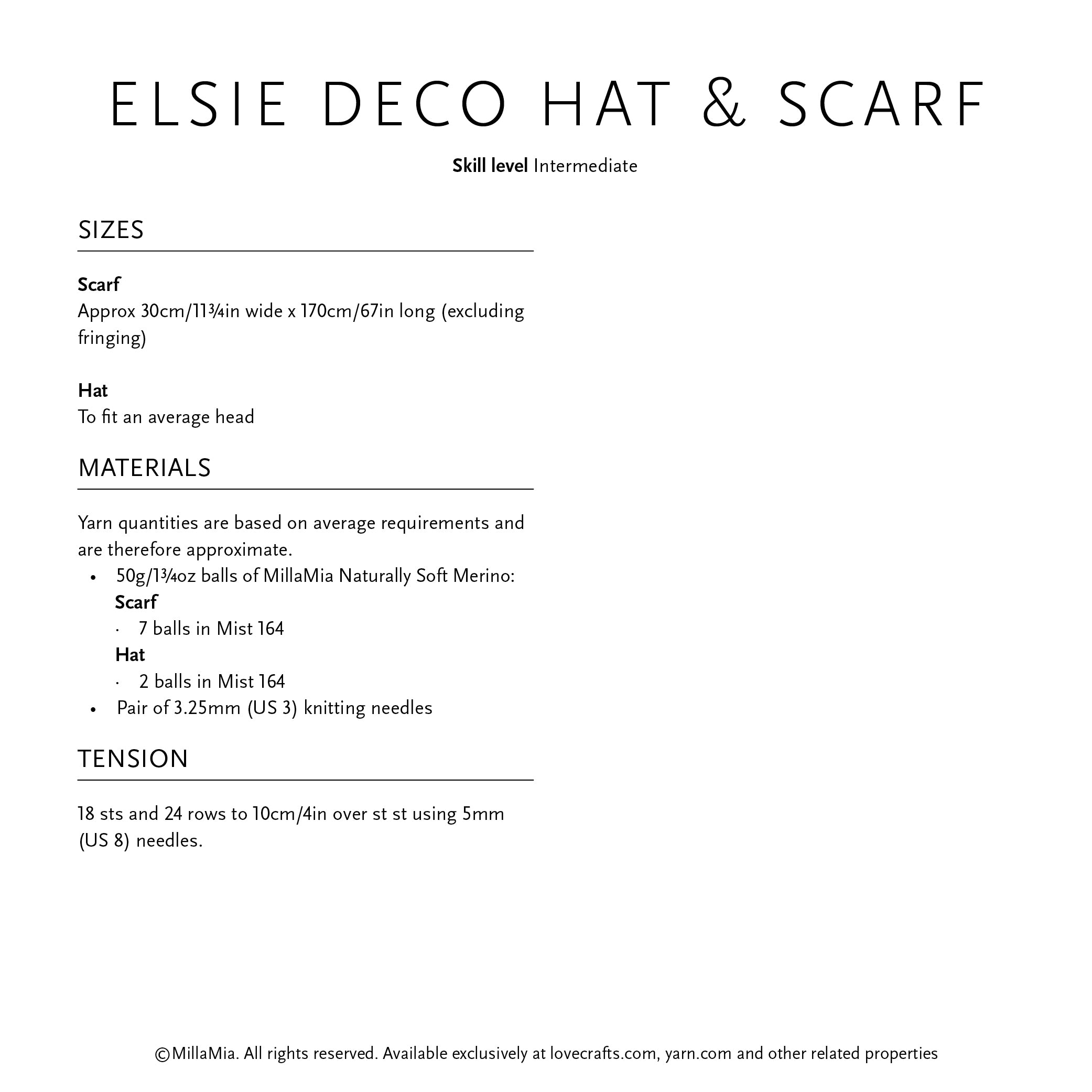 MillaMia Elsie Deco Hat & Scarf Knitting Pattern