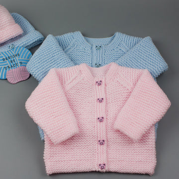 Elis baby unisex cardigan and beanie hat knitting pattern 0-3mths & 3-6Mmhs