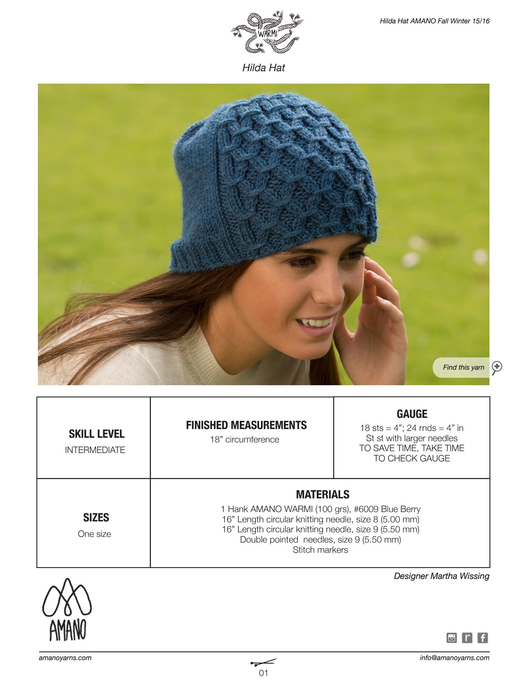 AMANO Hilda Hat Knitting Pattern