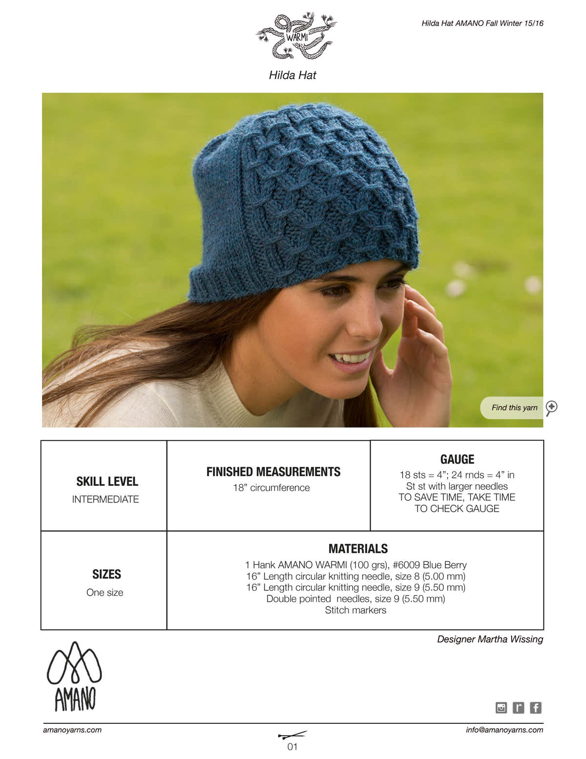 AMANO Hilda Hat Knitting Pattern