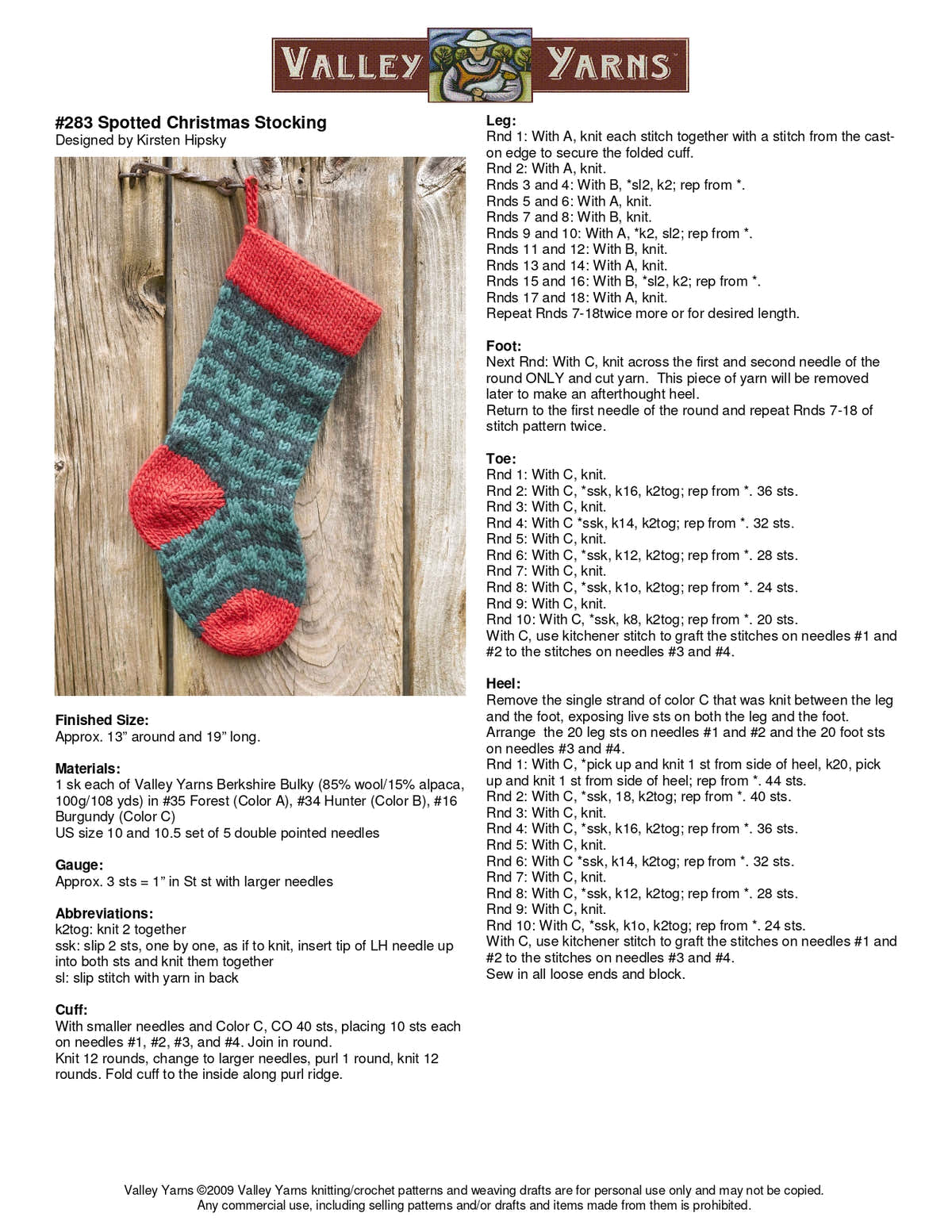 Valley Yarns Spotted Christmas Stocking Knitting Pattern