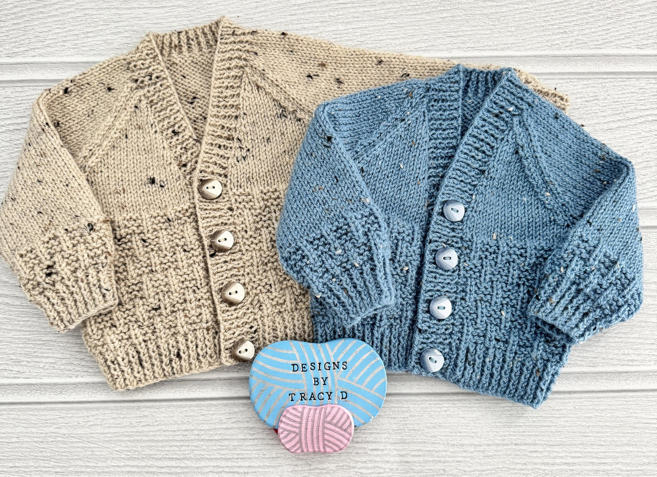 Elijah V-neck Baby cardigan knitting pattern 0-9/12mths approx
