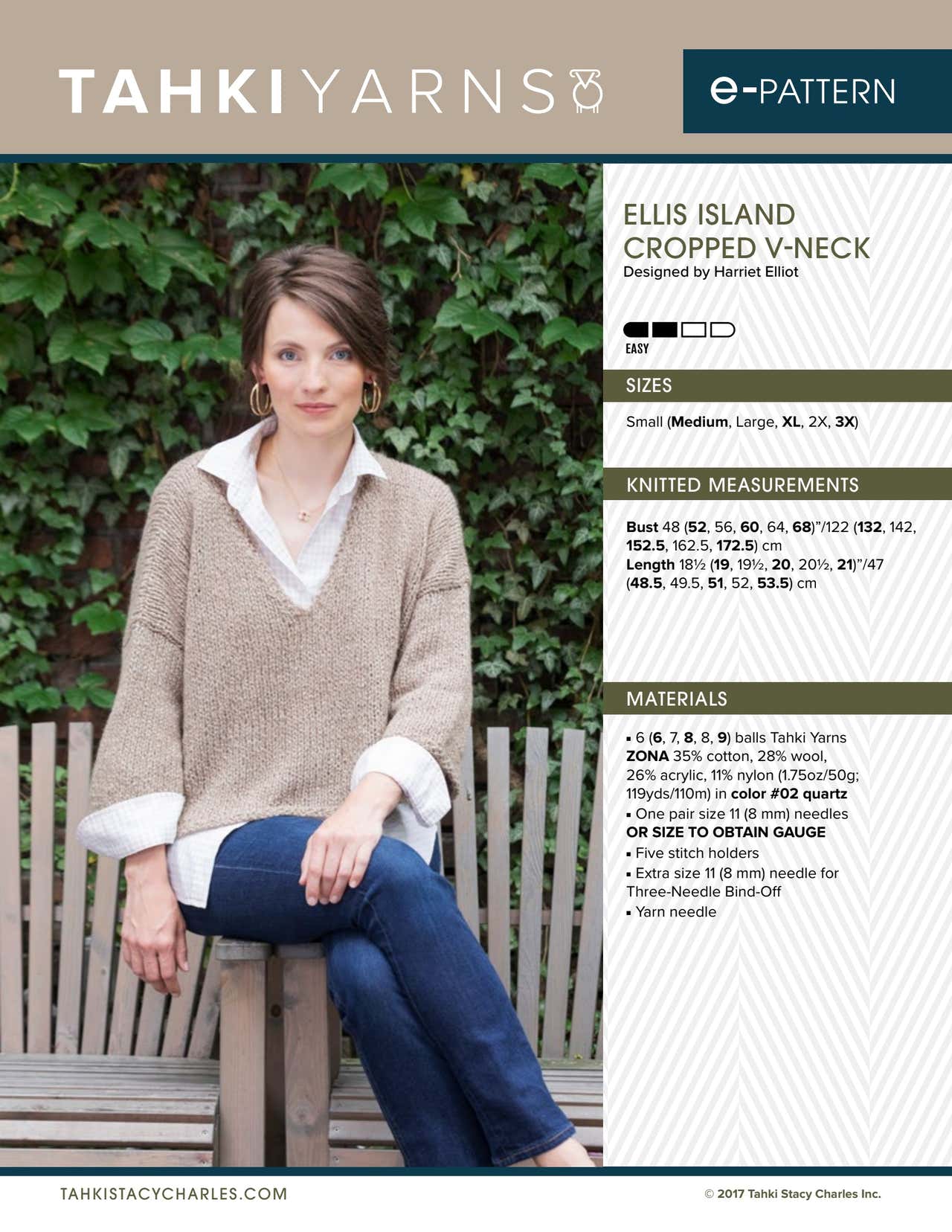Tahki Yarns Ellis Island V Neck Pullover Knitting Pattern