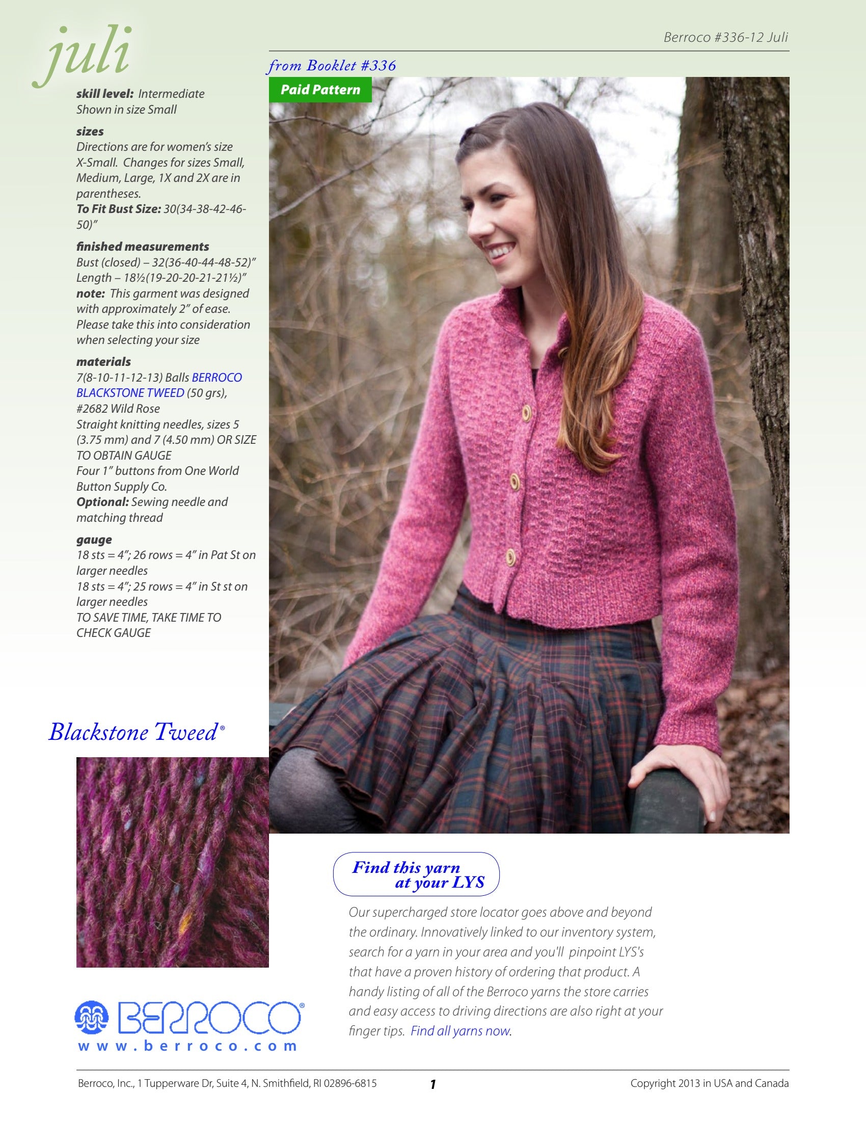 Berroco Juli Cardigan Knitting Pattern