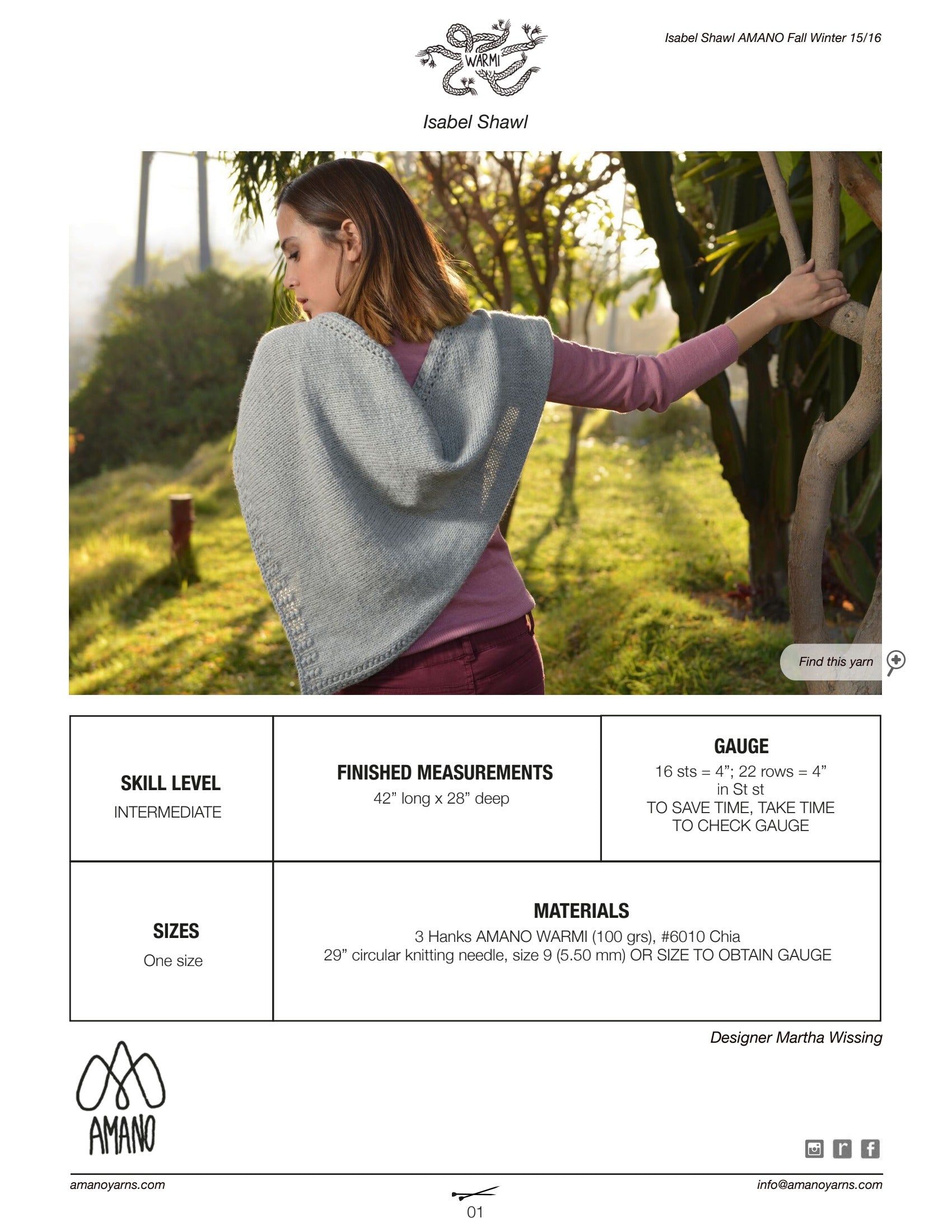 AMANO Isabel Shawl Wrap Knitting Pattern