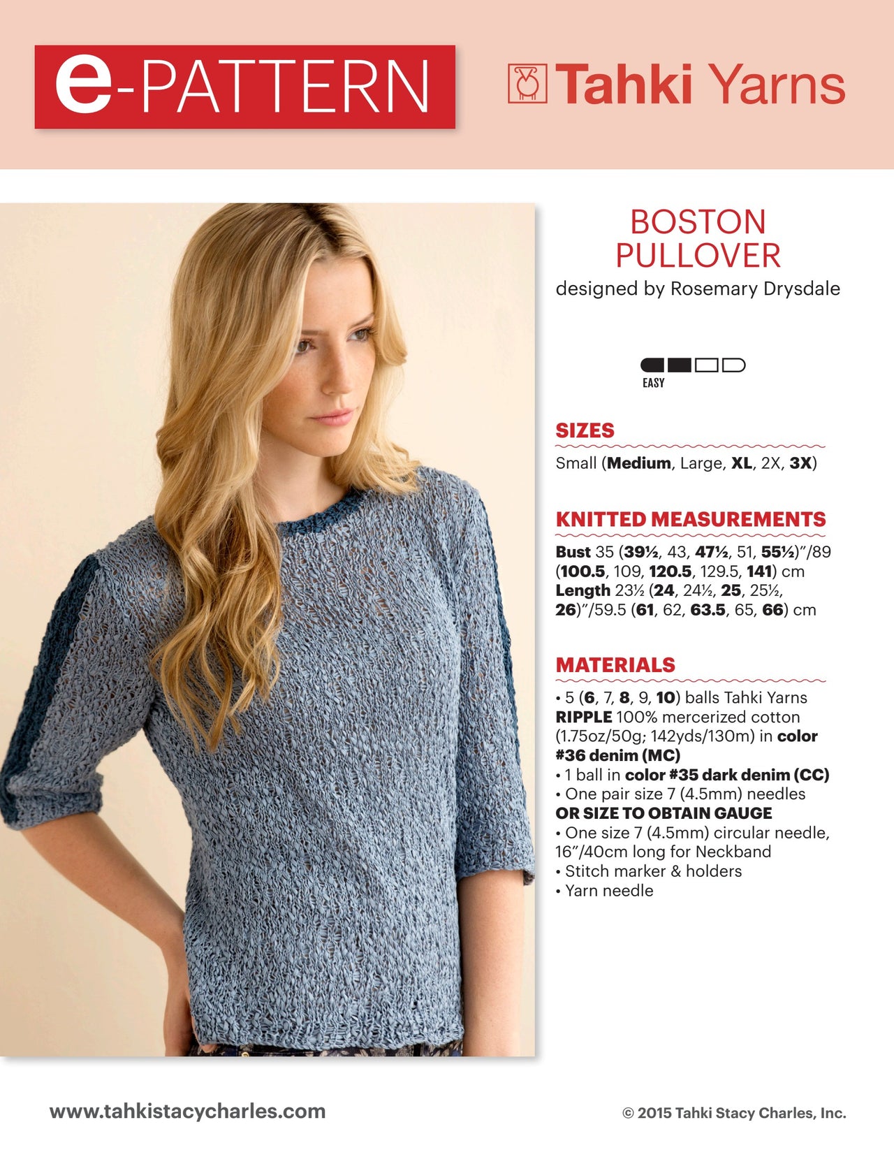 Tahki Yarns Boston Pullover Knitting Pattern