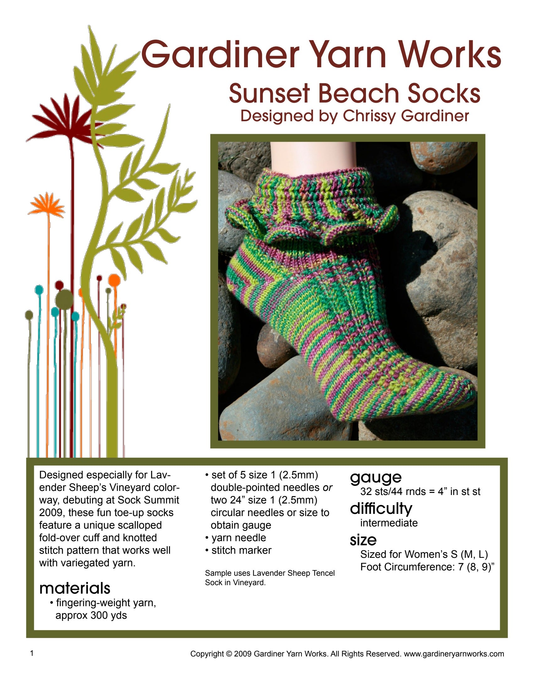 Gardiner Yarn Works Sunset Beach Socks Knitting Pattern