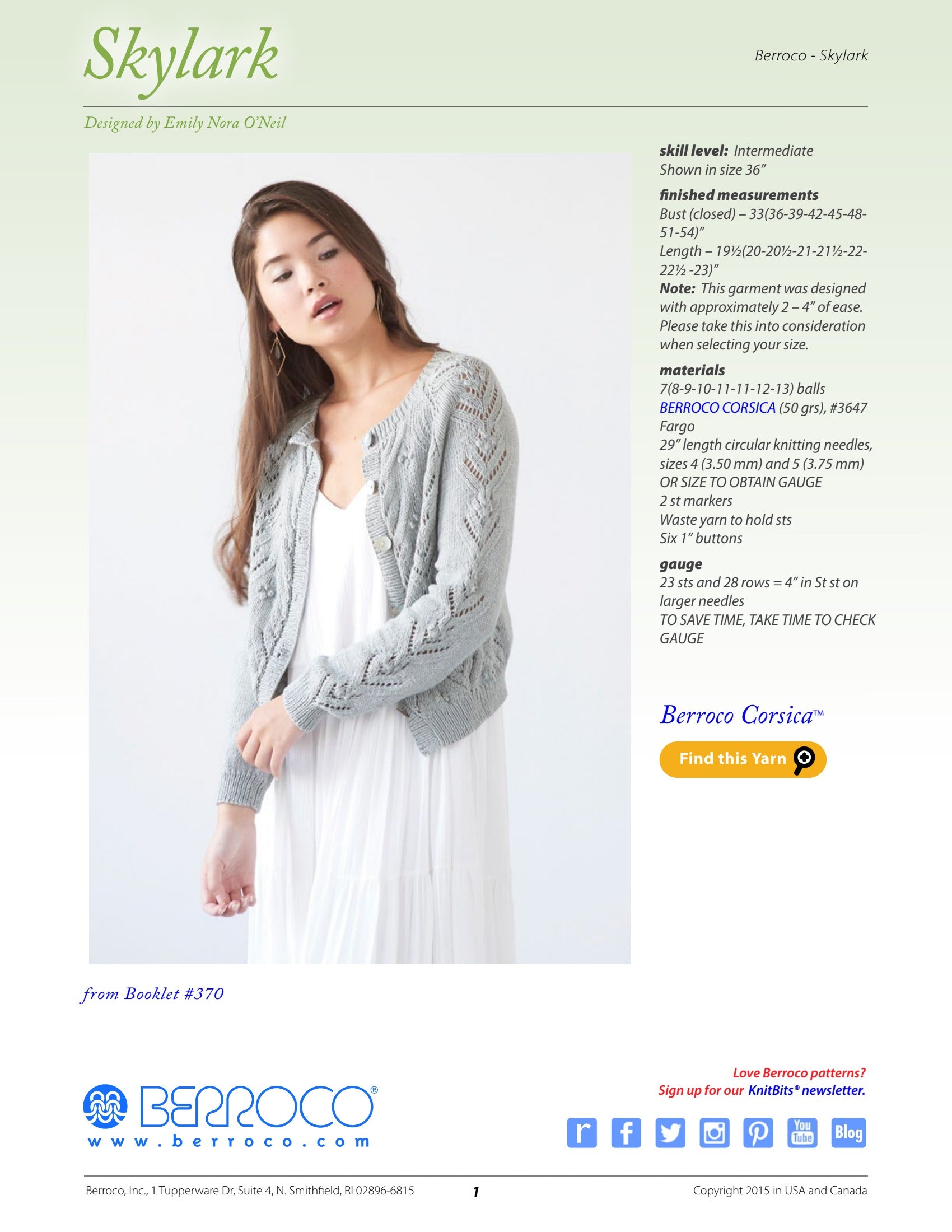 Berroco Skylark Cardigan Knitting Pattern