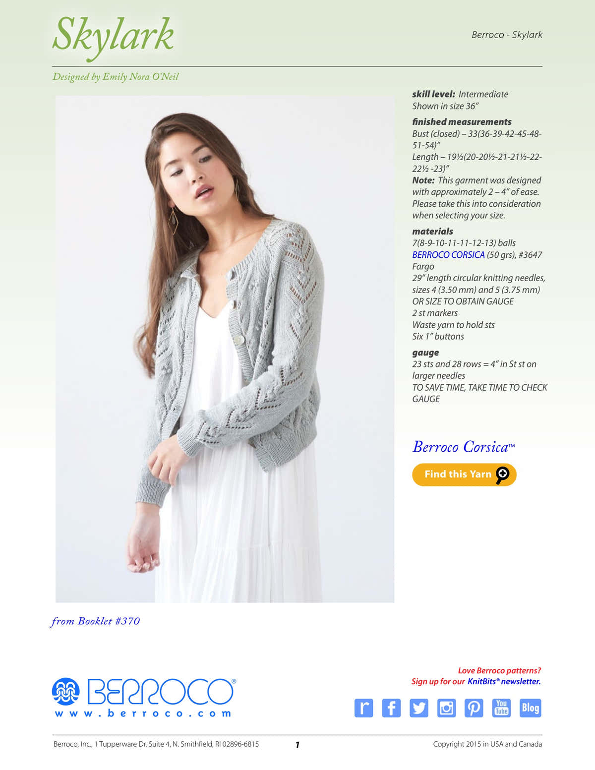 Berroco Skylark Cardigan Knitting Pattern