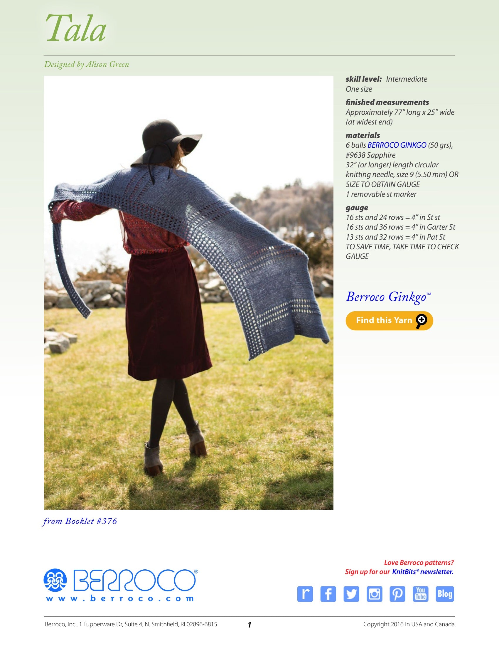 Berroco Tala Wrap Knitting Pattern