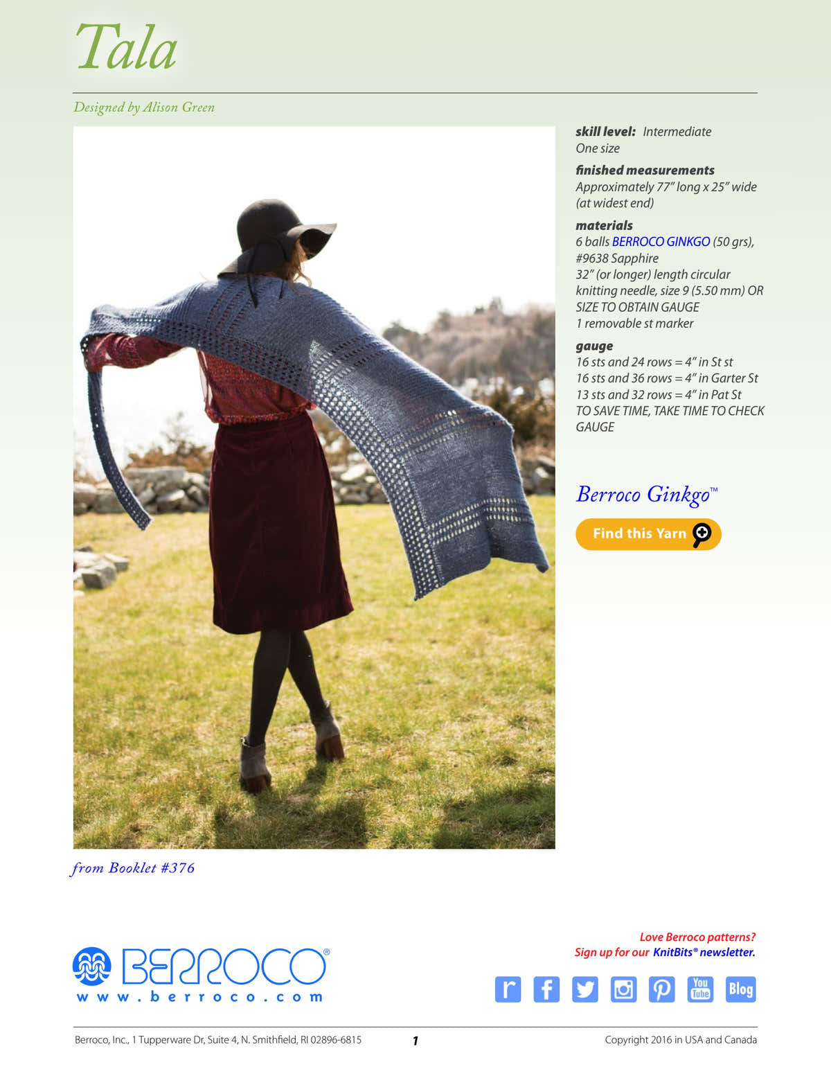 Berroco Tala Wrap Knitting Pattern