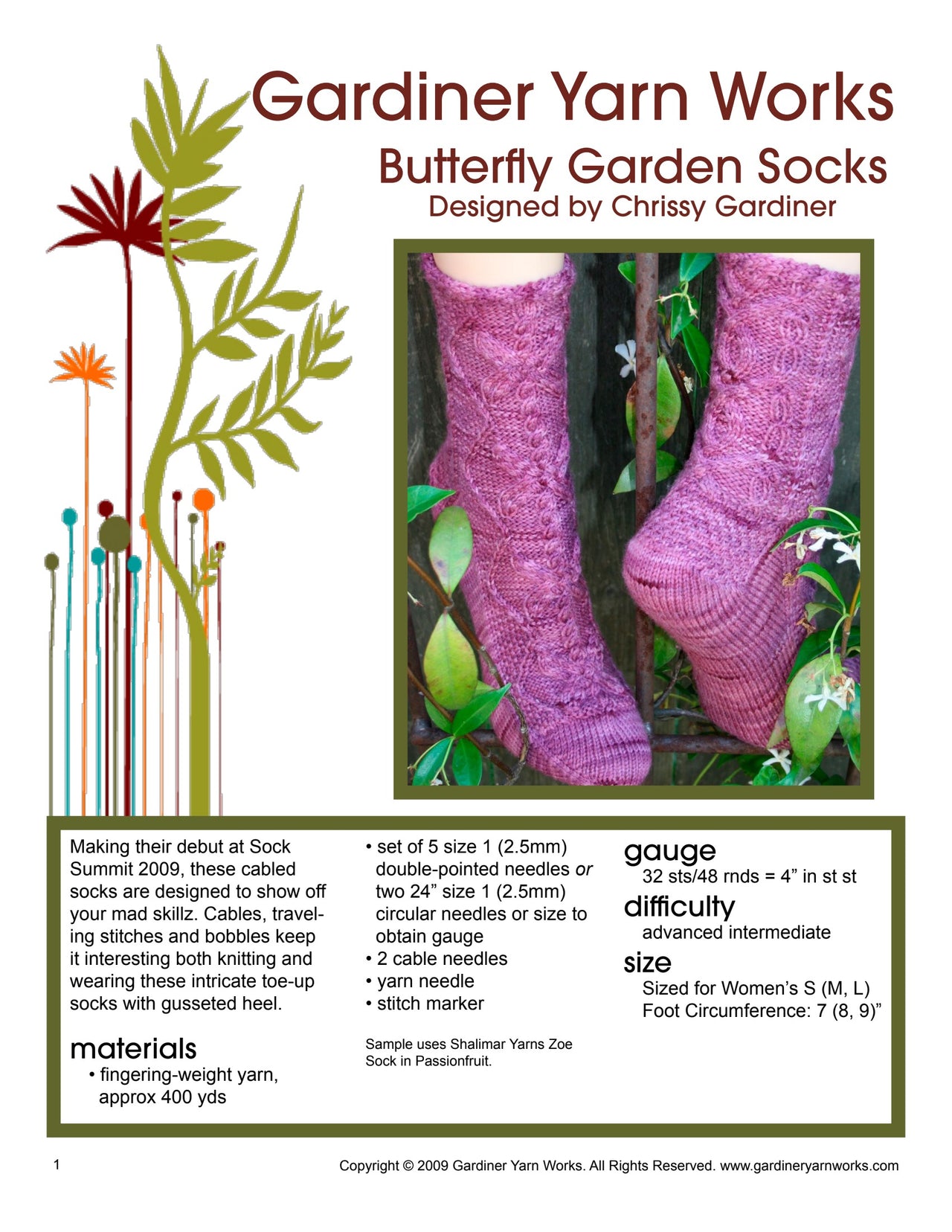 Gardiner Yarn Works Butterfly Garden Socks Knitting Pattern