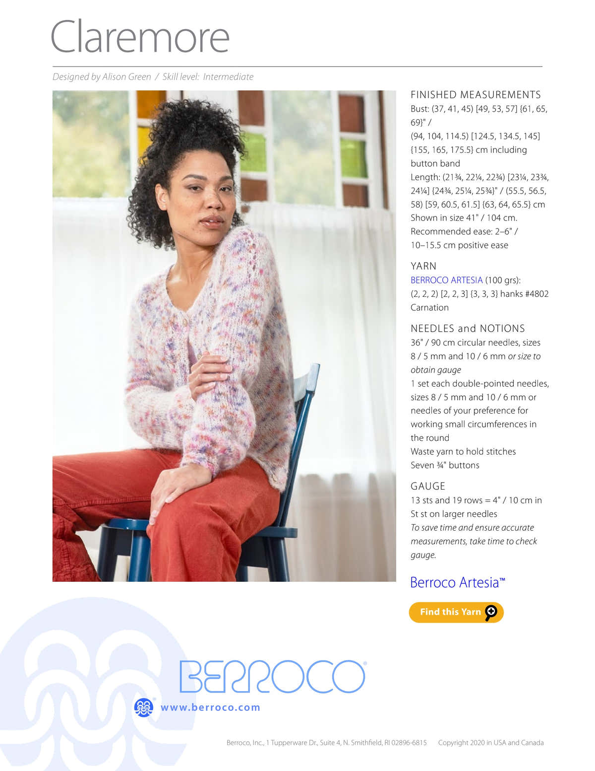 Berroco Claremore Cardigan Knitting Pattern