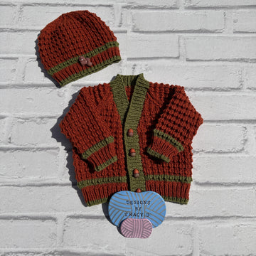 Autumn cardigan and hat baby knitting pattern 16 inch & 18 inch chest sizes