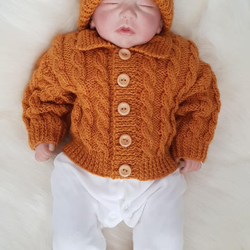 Brooklyn baby knitting pattern cardigan, hats and booties 0-3 mths & 6-12m