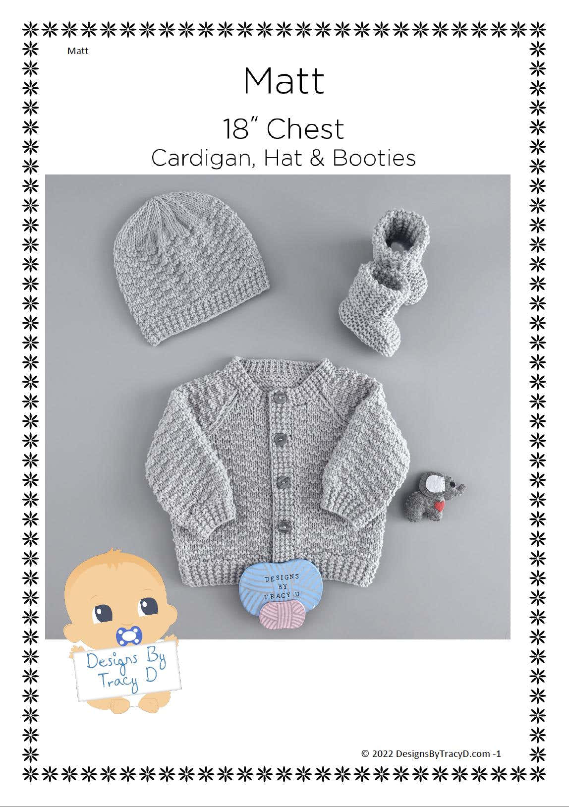 Matt Cardigan, hat & booties 18 inch chest 0-3mths
